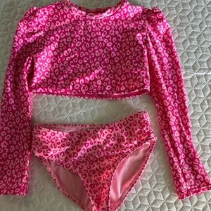 Girls Pink Leopard Print Long Sleeve Tankini Set